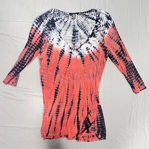 XCVI Tunic Top Womens Large Pink Tie Dye Crochet Boho Trendy Casual V Neck